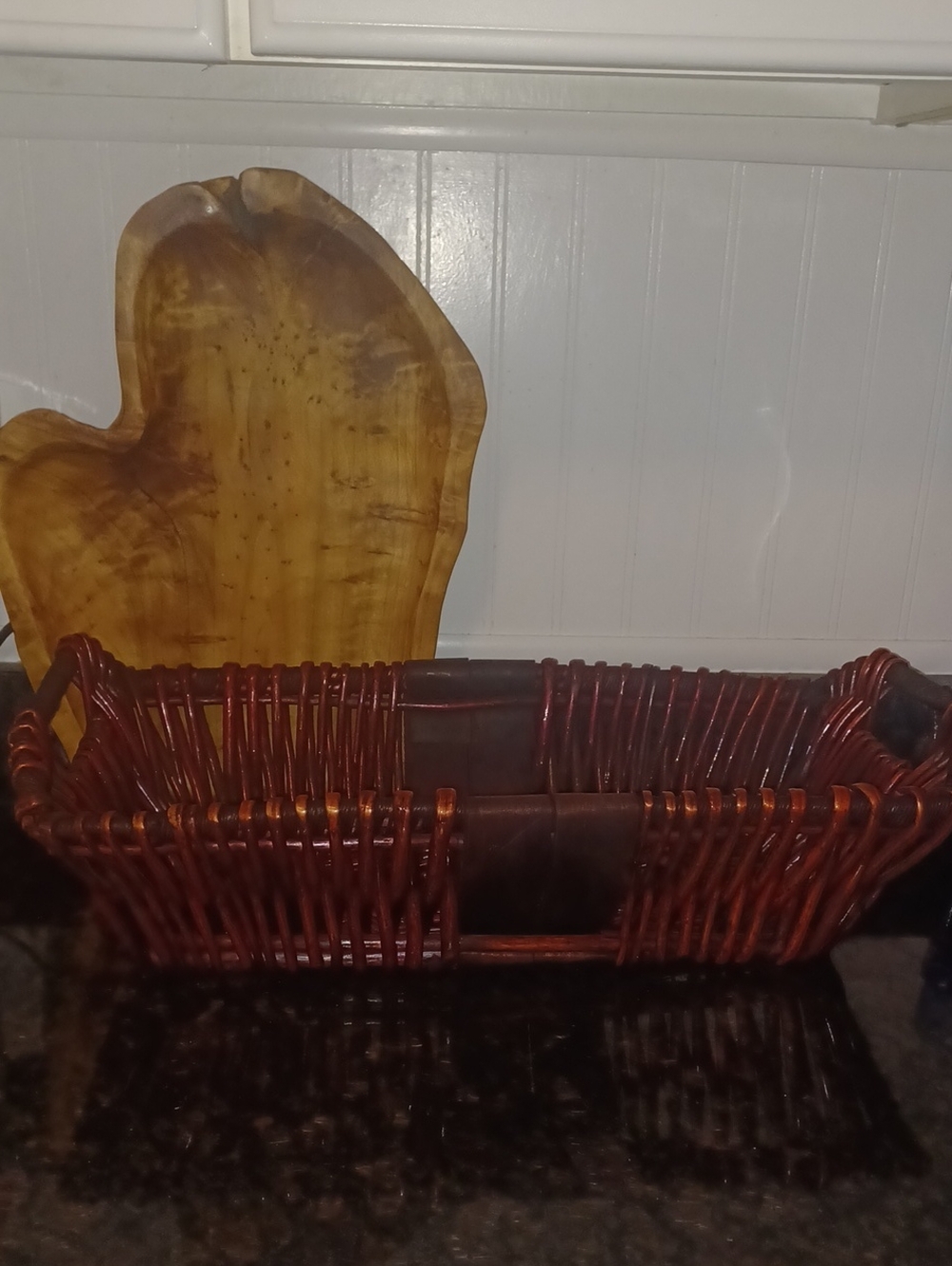 Vtg Long Wicker Magazine Rack File Basket Mahogany Red Wrapped Top Handle
